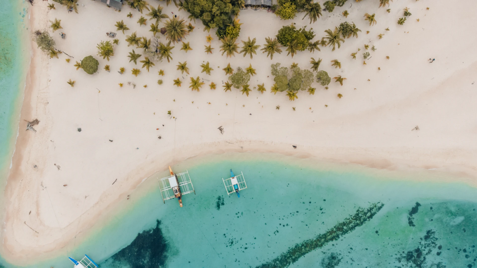 Vista dall'alto di una spiaggia bianca con barche e palme