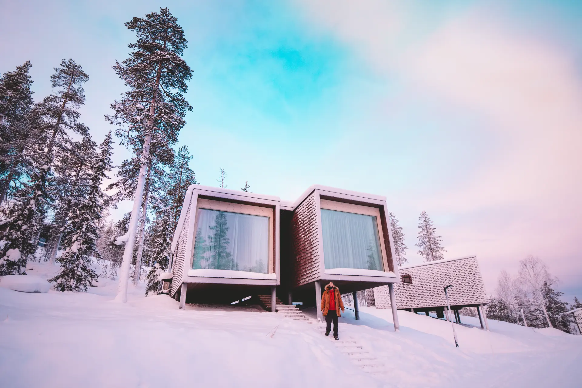Le suite panoramiche dell'Arctic Tree House al tramonto